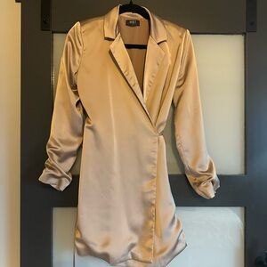 Reset Gold Satin Wrap Dress - Elegant Long Sleeve
